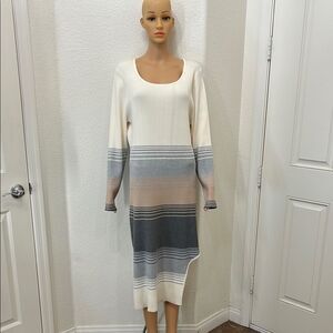 Madden Girl Cream Gray Long Sleeve Dress Scoop Neck Long Sleeve Ribbed Midi New